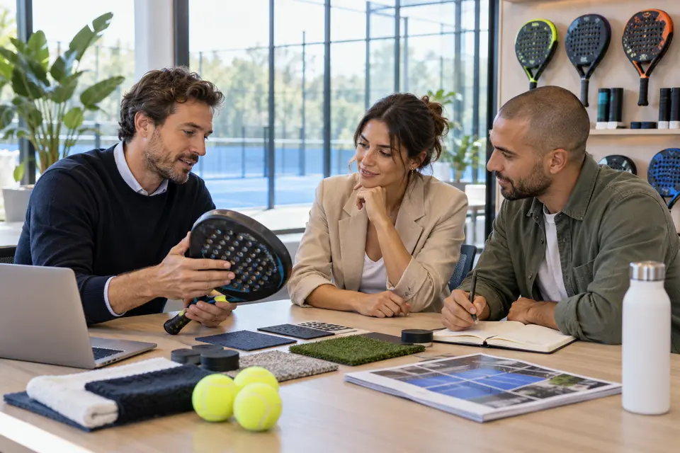 Illustrative Szene mit Fachleuten, die über Clubbedarf und Zusammenarbeit diskutieren